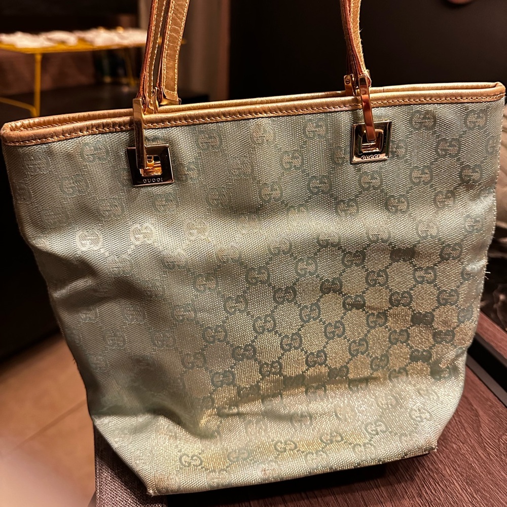 Gucci GG Canvas Mint Blue and Gold Mini Tote Vintage Bag